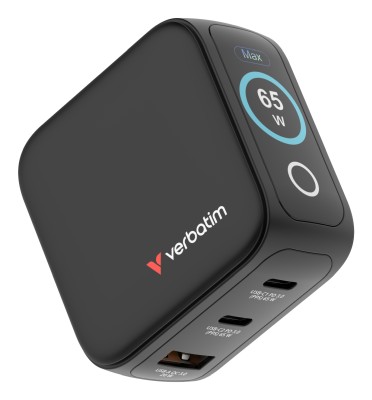 AC-adapter Verbatim Mini GaN Charger 65W with Display, 2xUSB-C / 1xUSB-A, inkl. reseadapter EU/UK/US#1