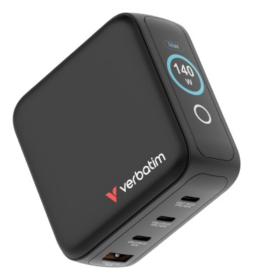 AC-adapter Verbatim Mini GaN Charger 140W with Display, 3xUSB-C / 1xUSB-A, inkl. reseadapter EU/UK/US#1