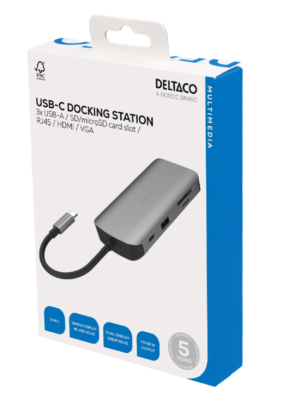 Dockningsstation Deltaco Dual, USB-C till HDMI/VGA/3xUSB 3.0/GigaLAN/USB-C 85W PD, kortläsare SD/MicroSD#3